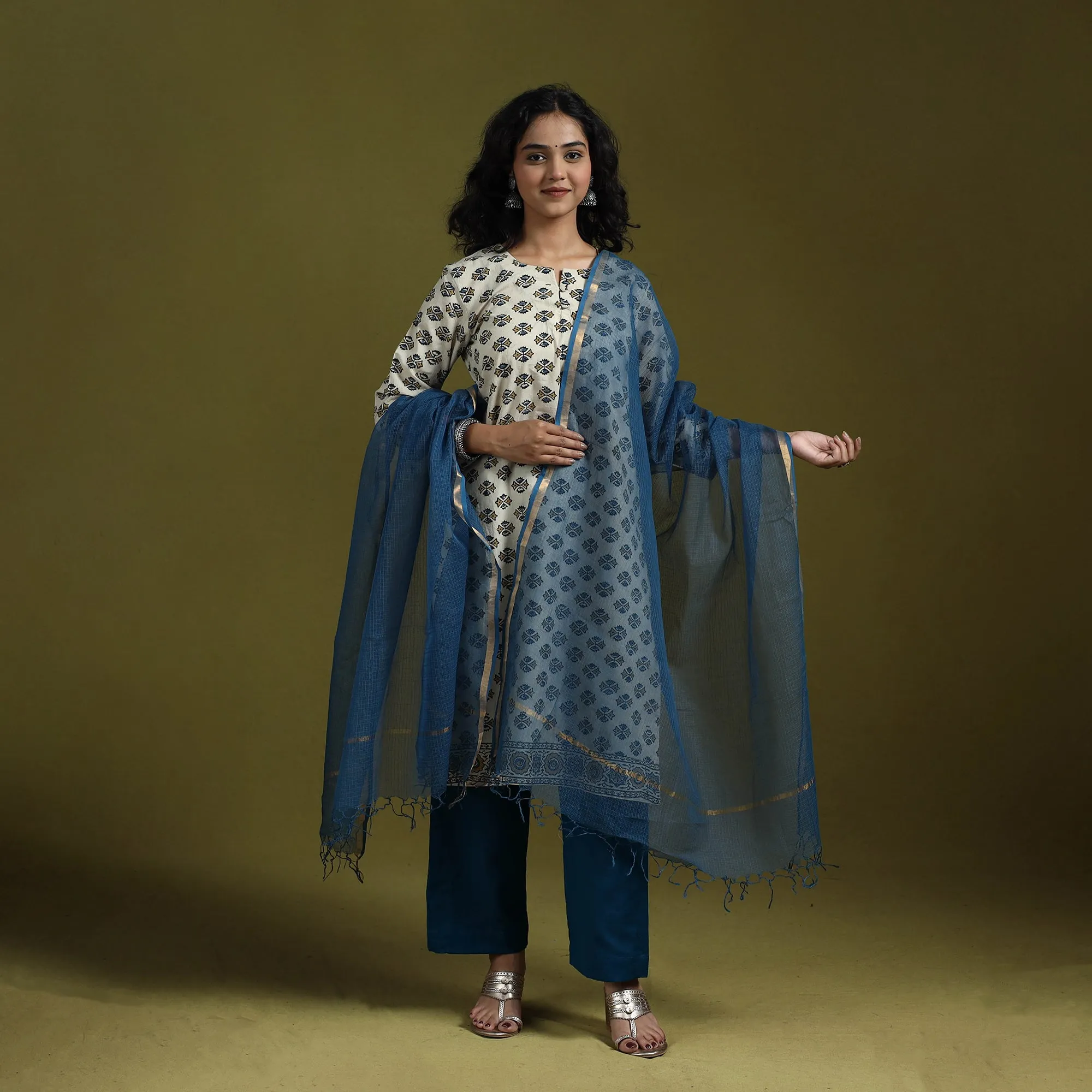 Beige - Natural Dyed Ajrakh Hand Block Print Cotton Suit Set with Dupatta for women 07 sold by Itokri