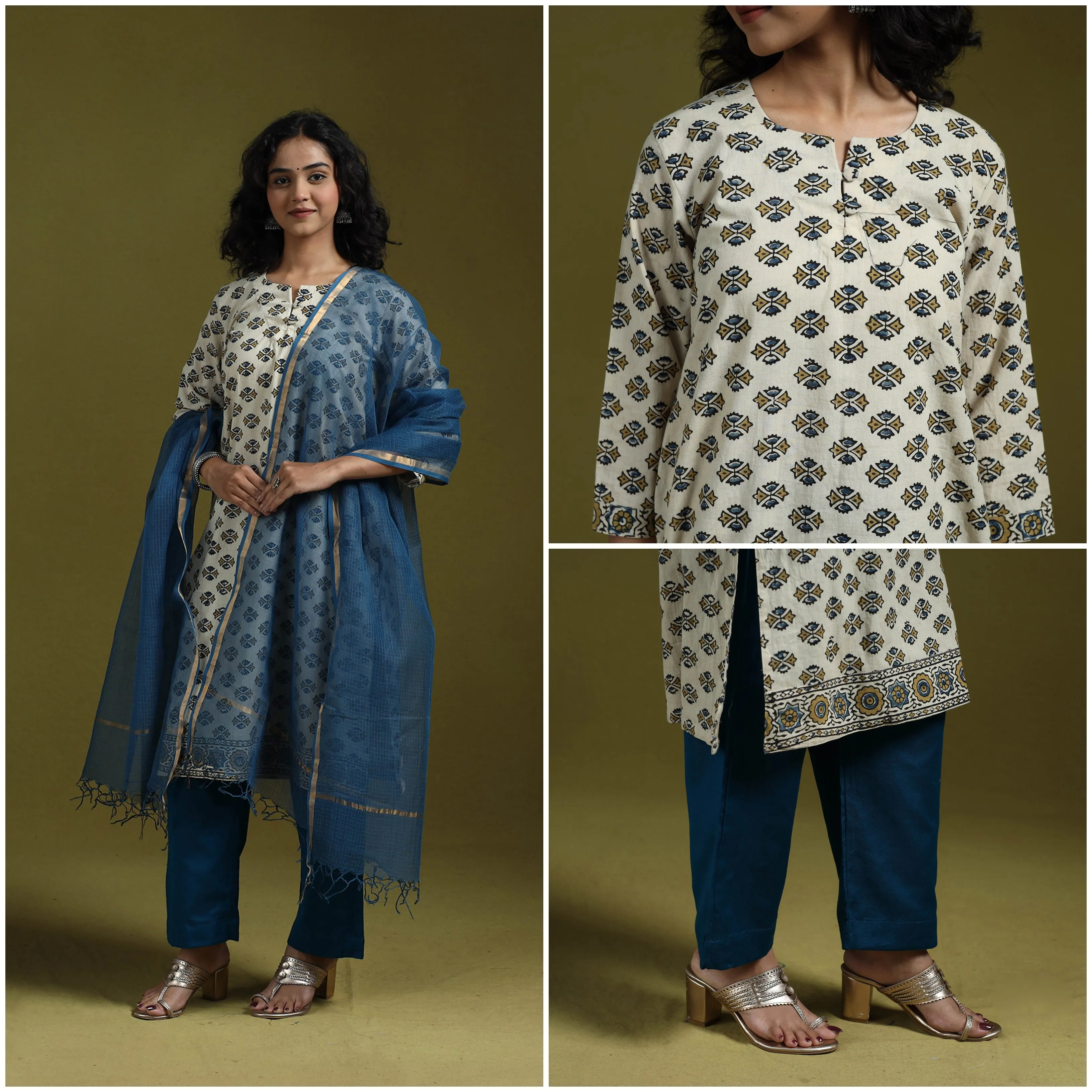 Beige - Natural Dyed Ajrakh Hand Block Print Cotton Suit Set with Dupatta for women 07 sold by Itokri product image thumbnail 4
