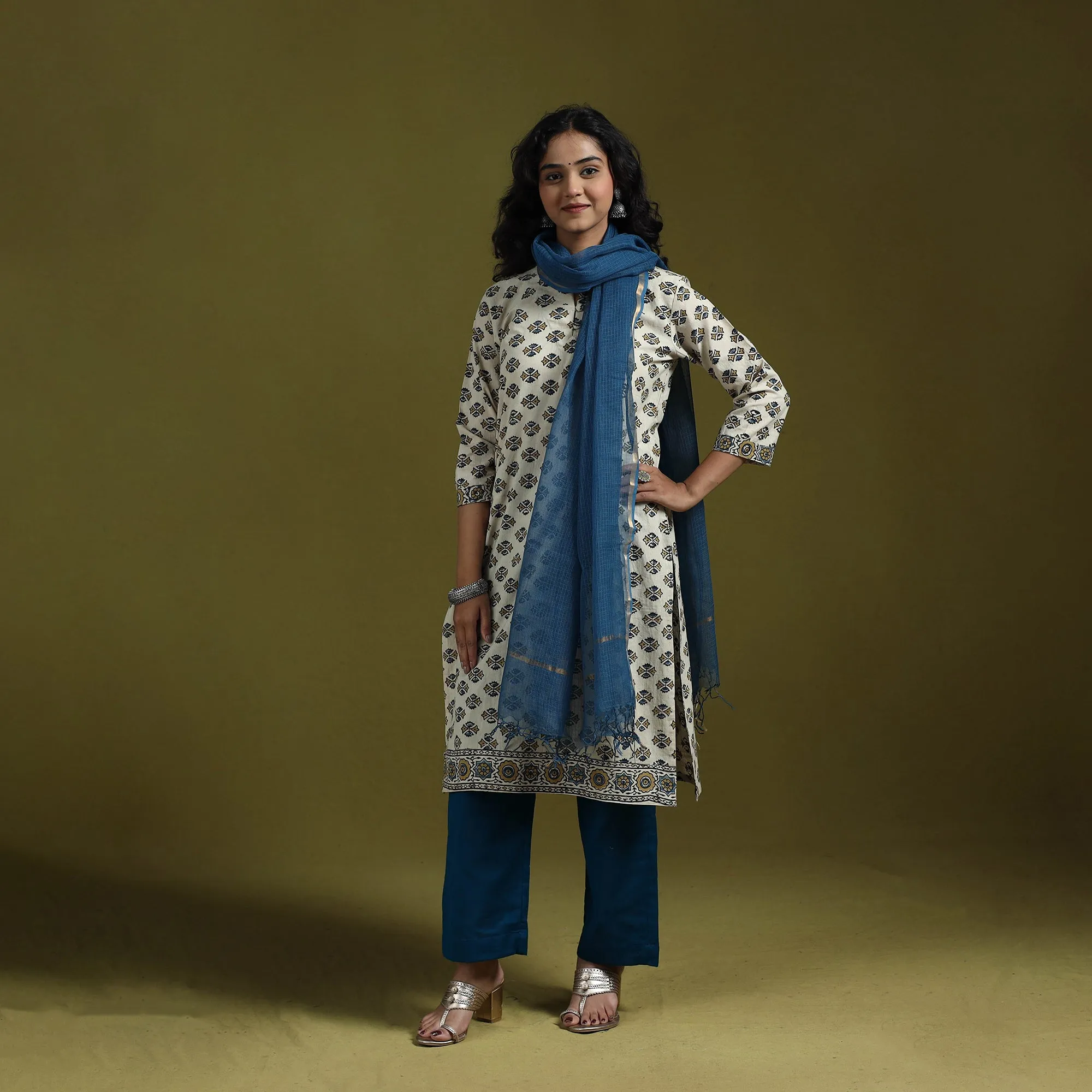 Beige - Natural Dyed Ajrakh Hand Block Print Cotton Suit Set with Dupatta for women 07 sold by Itokri product image thumbnail 3