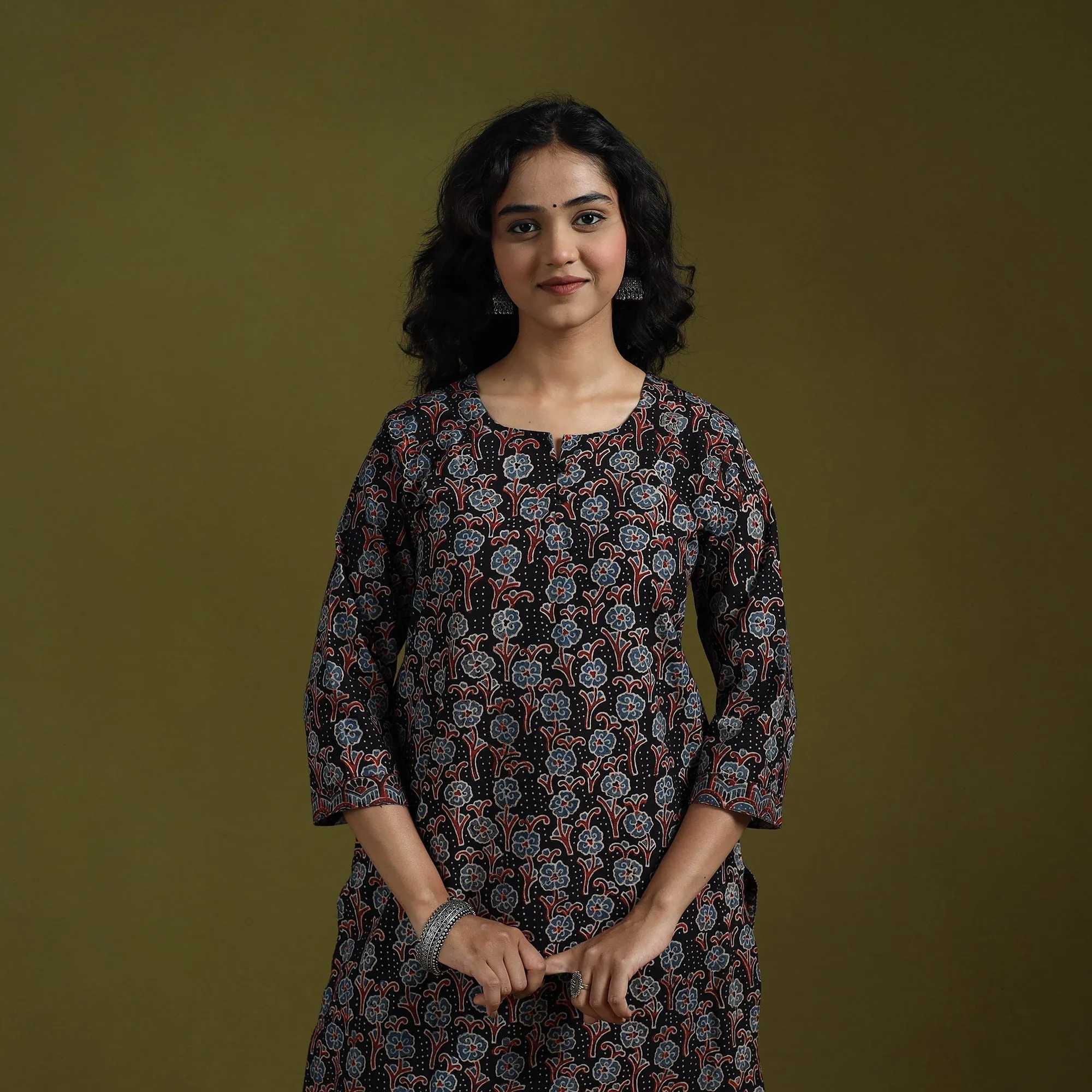 Black - Natural Dyed Ajrakh Hand Block Print Cotton Suit Set with Dupatta for women 06 sold by Itokri product image thumbnail 2