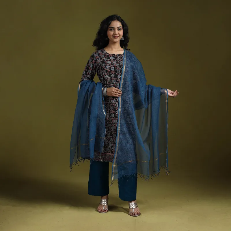 Black - Natural Dyed Ajrakh Hand Block Print Cotton Suit Set with Dupatta for women 06 made by Itokri