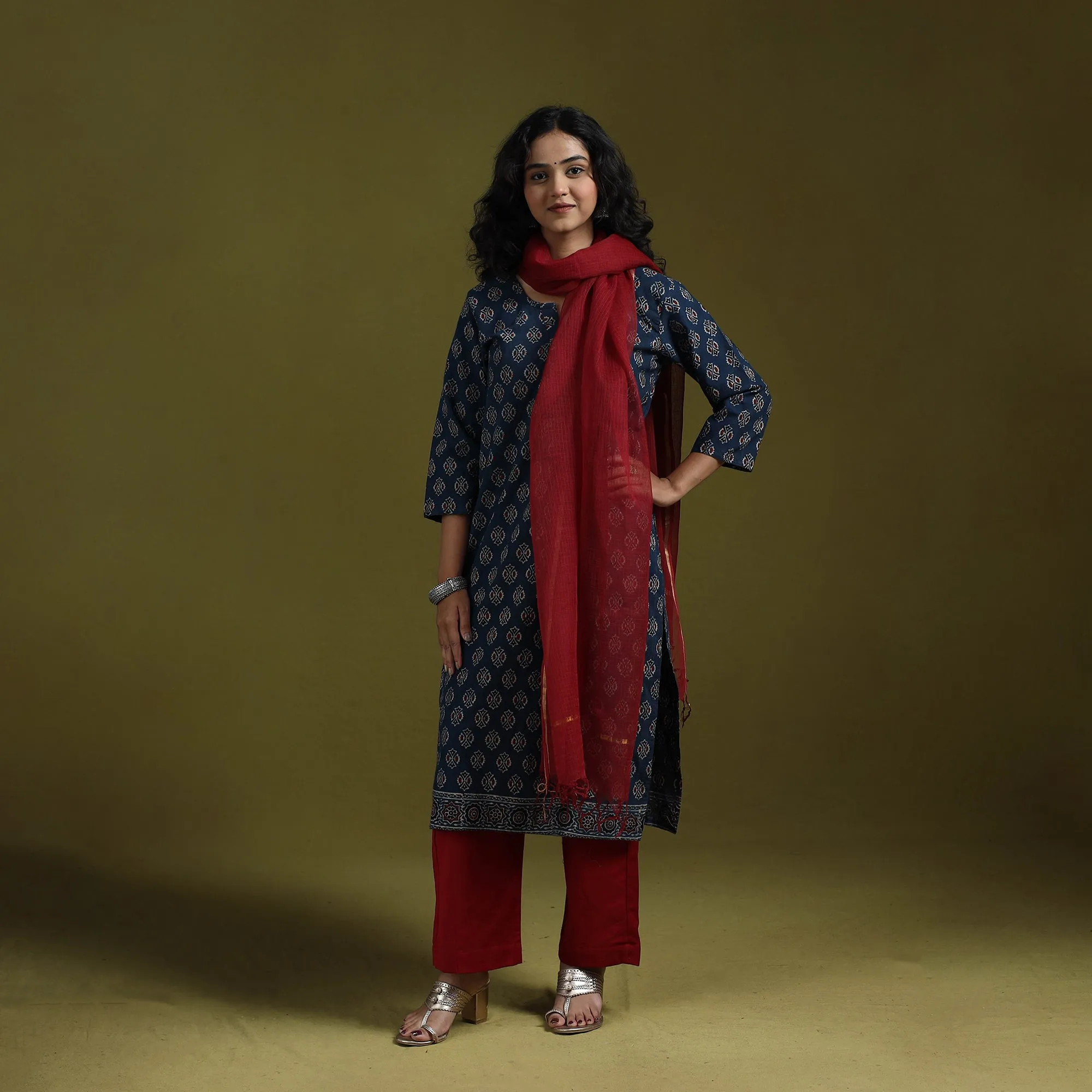 Blue - Natural Dyed Ajrakh Hand Block Print Cotton Suit Set with Dupatta for women 03 sold by Itokri product image thumbnail 3