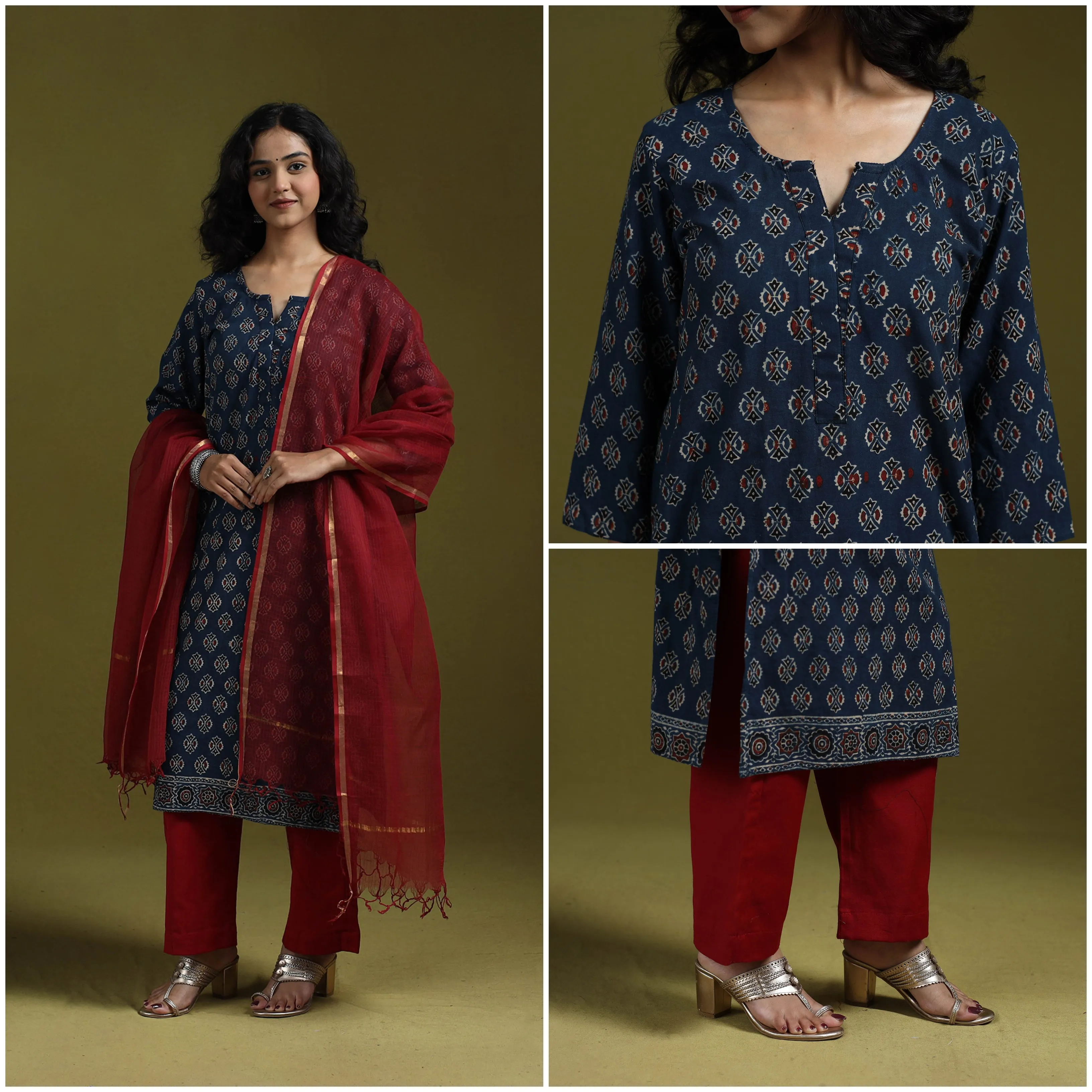 Blue - Natural Dyed Ajrakh Hand Block Print Cotton Suit Set with Dupatta for women 03 sold by Itokri product image thumbnail 4