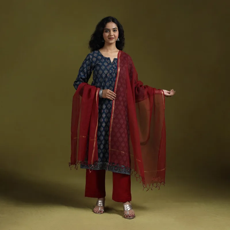 Blue - Natural Dyed Ajrakh Hand Block Print Cotton Suit Set with Dupatta for women 03 made by Itokri