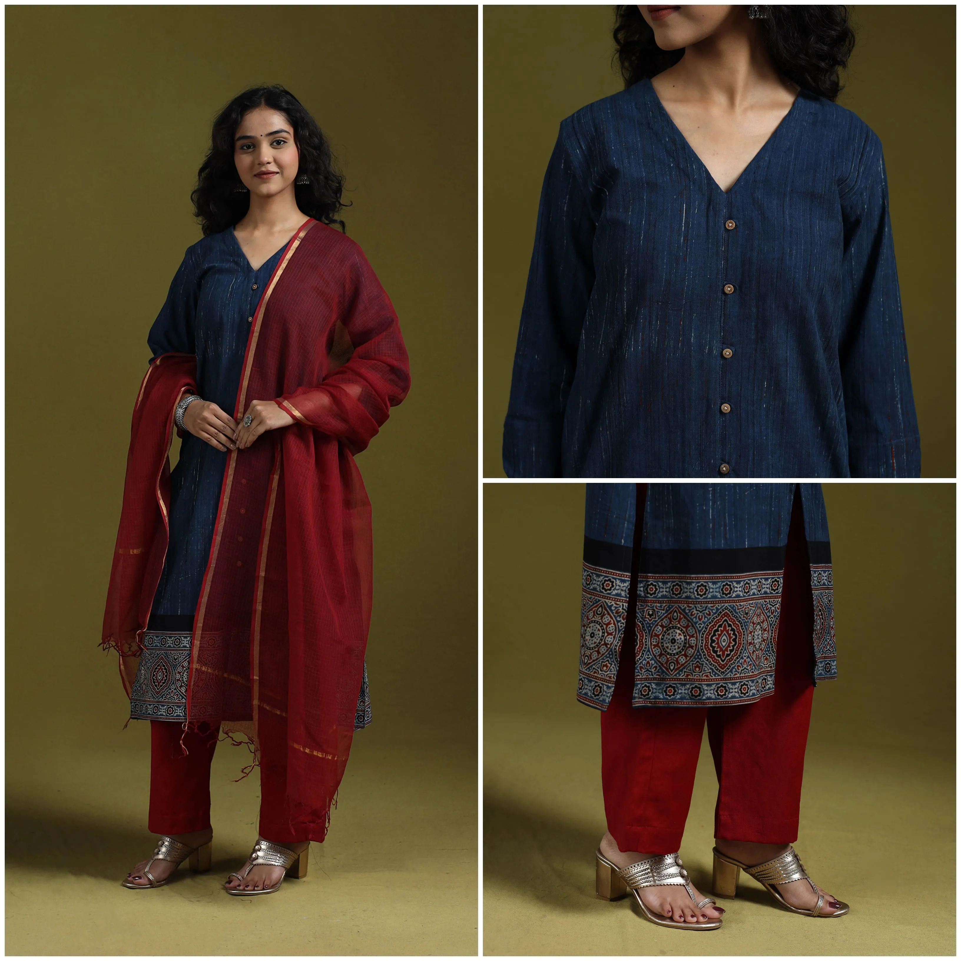 Blue - Natural Dyed Brush Design Ajrakh Print Cotton Suit Set with Dupatta for women 12 sold by Itokri product image thumbnail 4