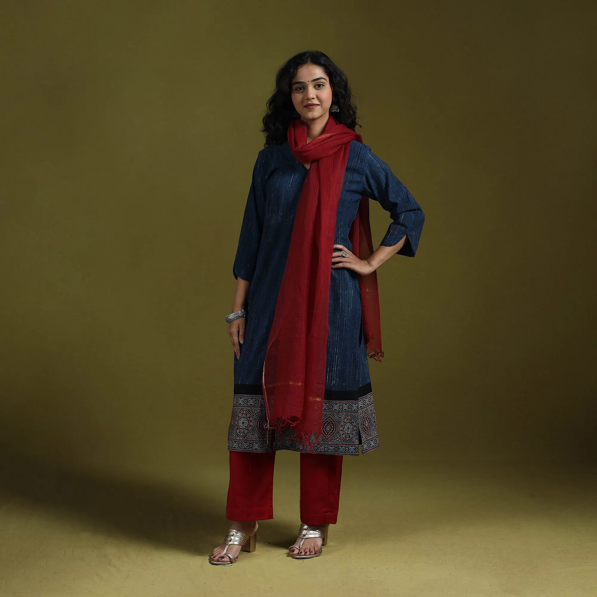 Blue - Natural Dyed Brush Design Ajrakh Print Cotton Suit Set with Dupatta for women 12 sold by Itokri product image thumbnail 3