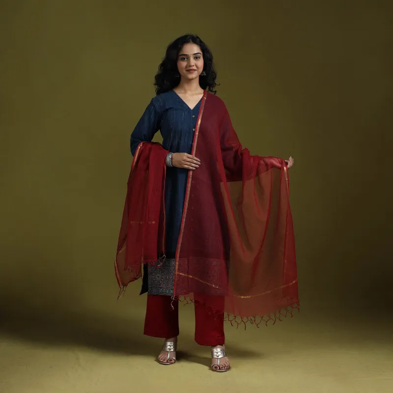 Blue - Natural Dyed Brush Design Ajrakh Print Cotton Suit Set with Dupatta for women 12 made by Itokri