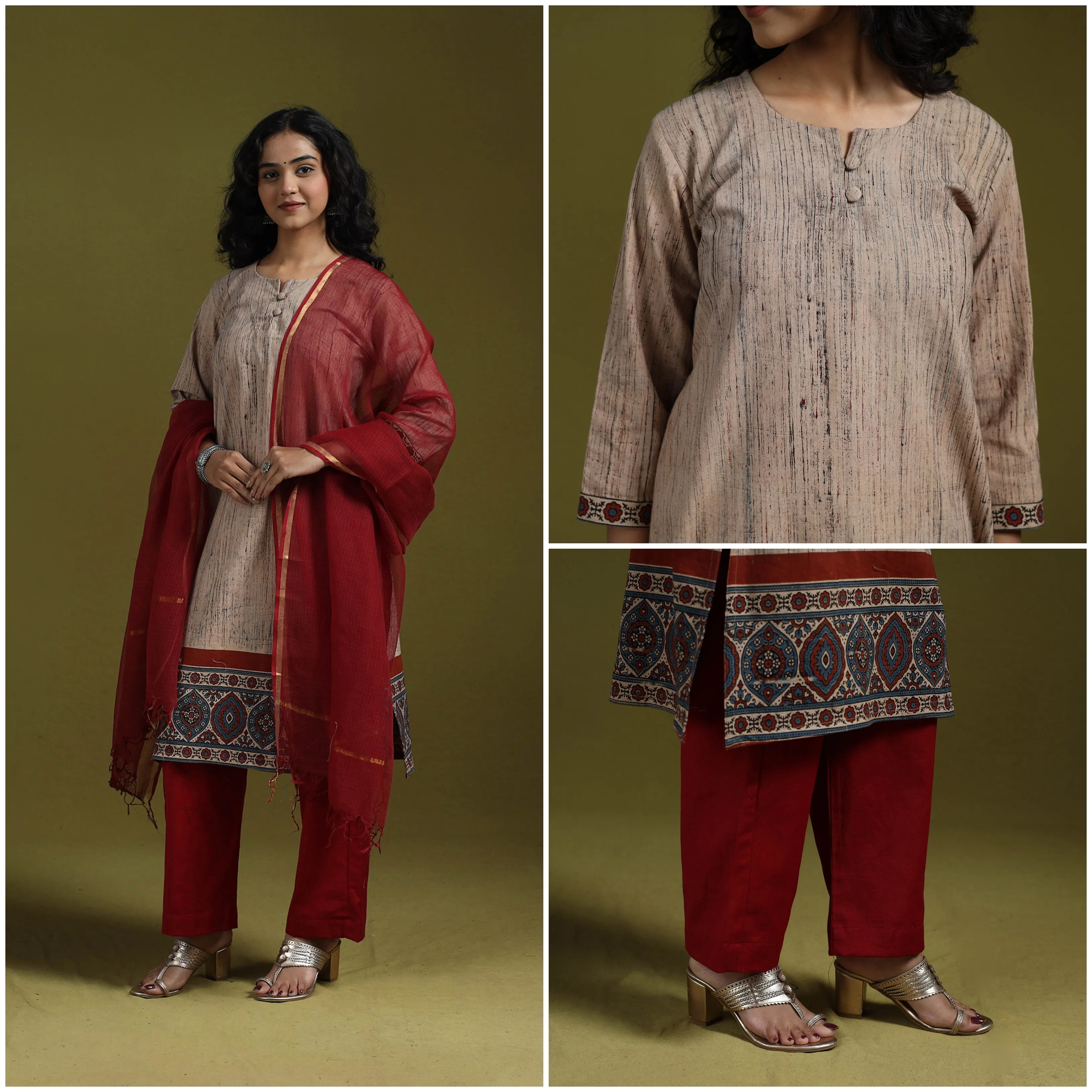 Beige - Natural Dyed Brush Design Ajrakh Print Cotton Suit Set with Dupatta for women 08 sold by Itokri product image thumbnail 4