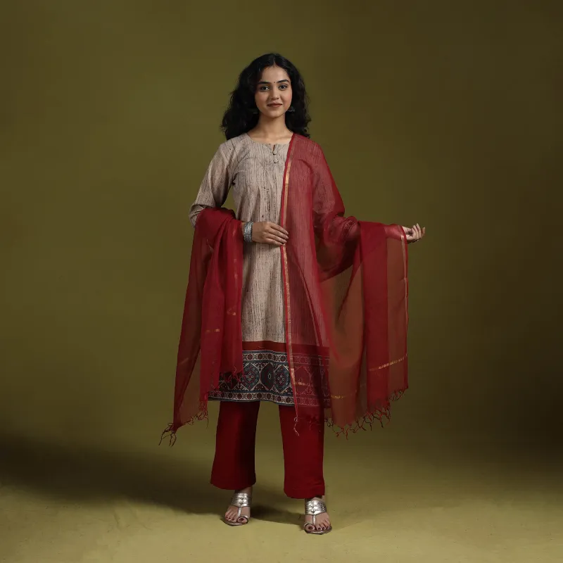Beige - Natural Dyed Brush Design Ajrakh Print Cotton Suit Set with Dupatta for women 08 made by Itokri