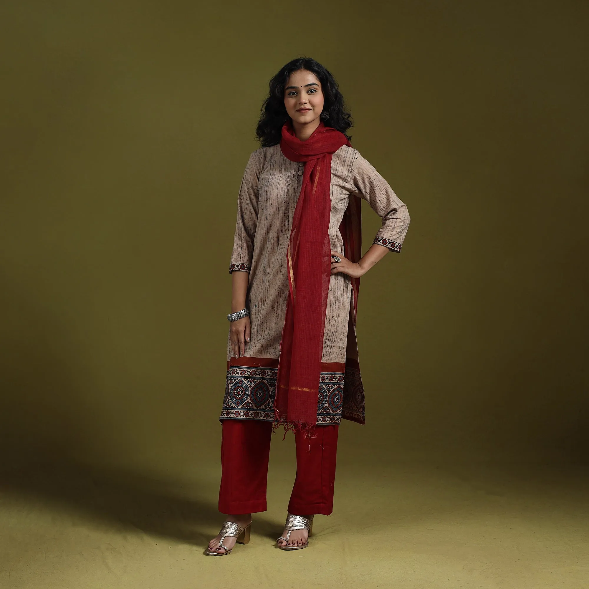 Beige - Natural Dyed Brush Design Ajrakh Print Cotton Suit Set with Dupatta for women 08 sold by Itokri product image thumbnail 3