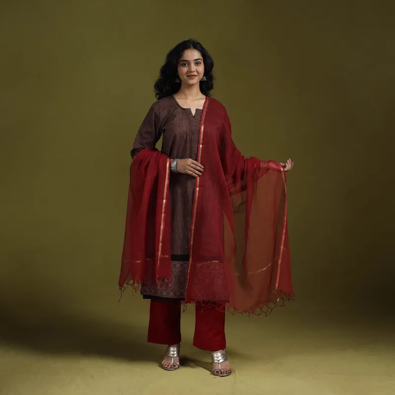 Brown - Natural Dyed Brush Design Ajrakh Print Cotton Suit Set with Dupatta for women 01 made by Itokri