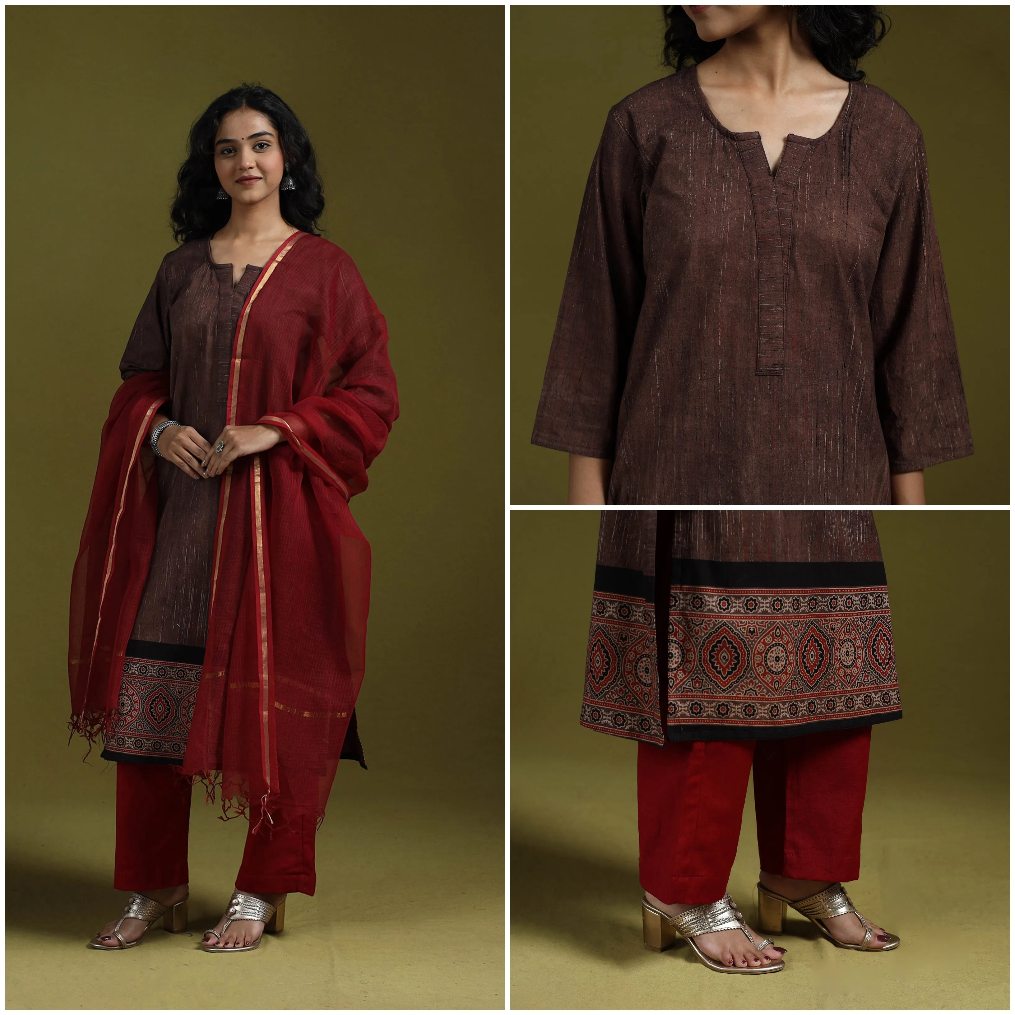 Brown - Natural Dyed Brush Design Ajrakh Print Cotton Suit Set with Dupatta for women 01 sold by Itokri product image thumbnail 4