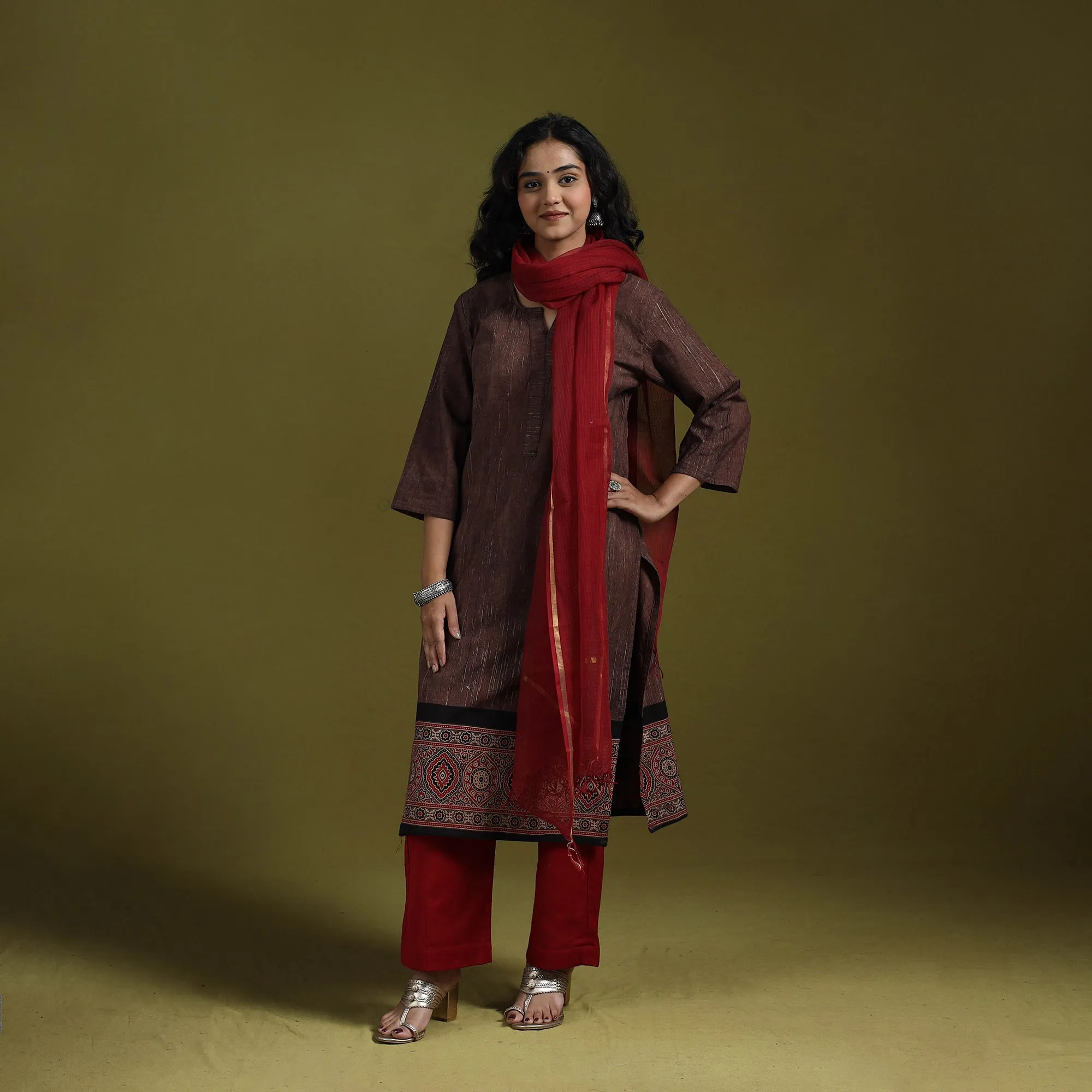 Brown - Natural Dyed Brush Design Ajrakh Print Cotton Suit Set with Dupatta for women 01 sold by Itokri product image thumbnail 3