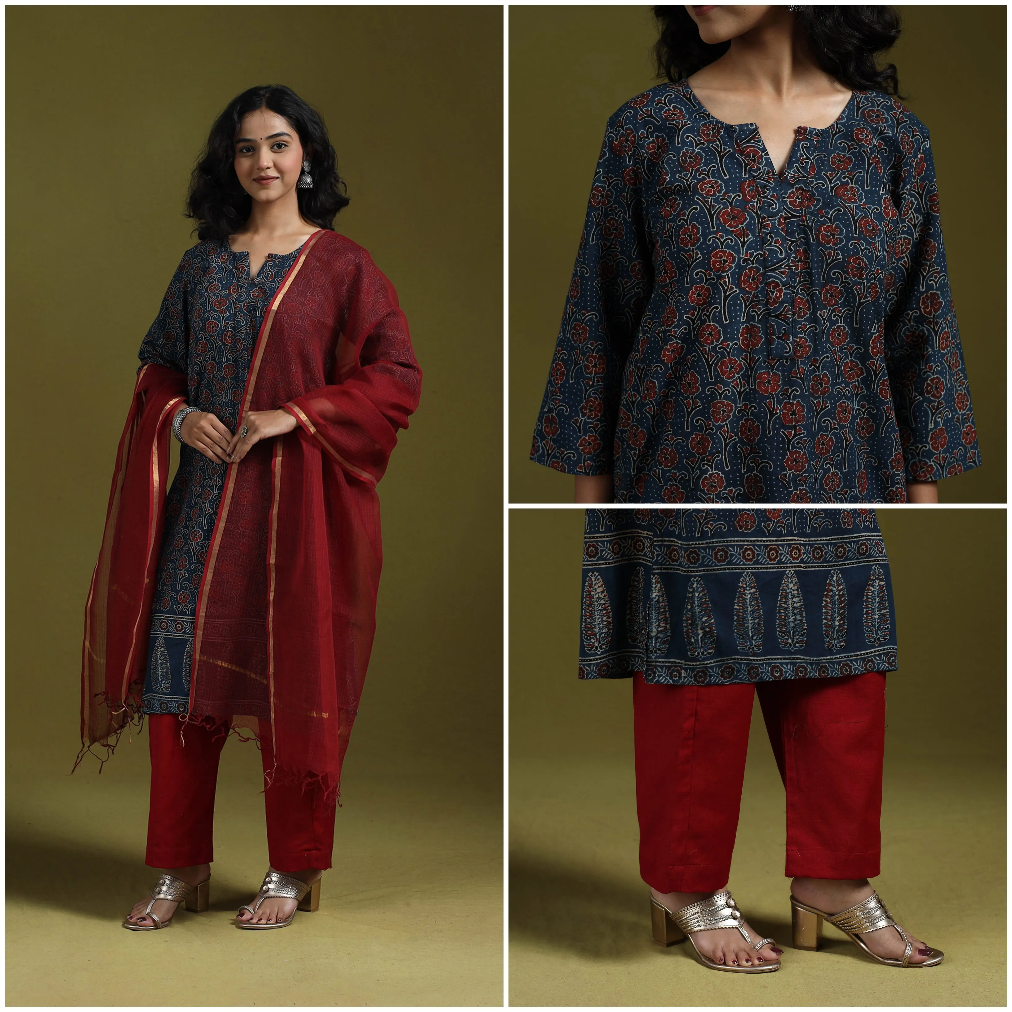 Blue - Natural Dyed Ajrakh Hand Block Print Cotton Suit Set with Dupatta for women 02 sold by Itokri product image thumbnail 4