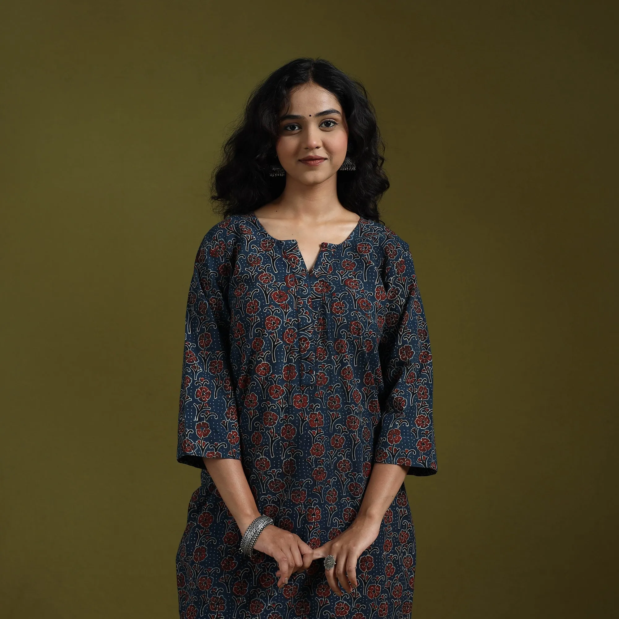 Blue - Natural Dyed Ajrakh Hand Block Print Cotton Suit Set with Dupatta for women 02 sold by Itokri product image thumbnail 2