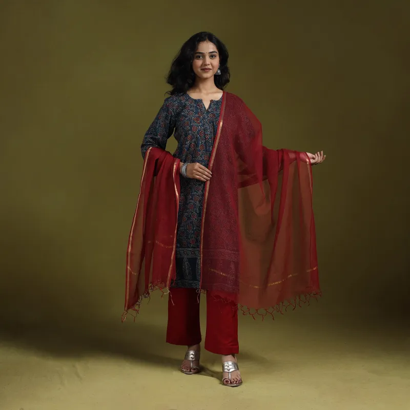 Blue - Natural Dyed Ajrakh Hand Block Print Cotton Suit Set with Dupatta for women 02 made by Itokri