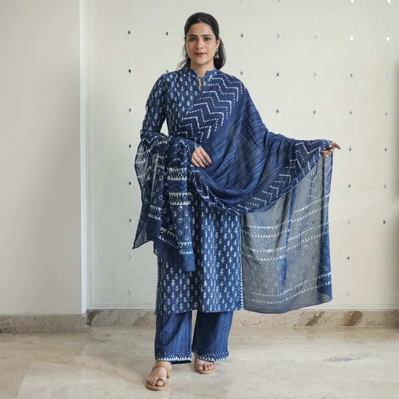 Blue - Hand Block Print Indigo Bagru Cotton Suit Set 01 made by Itokri