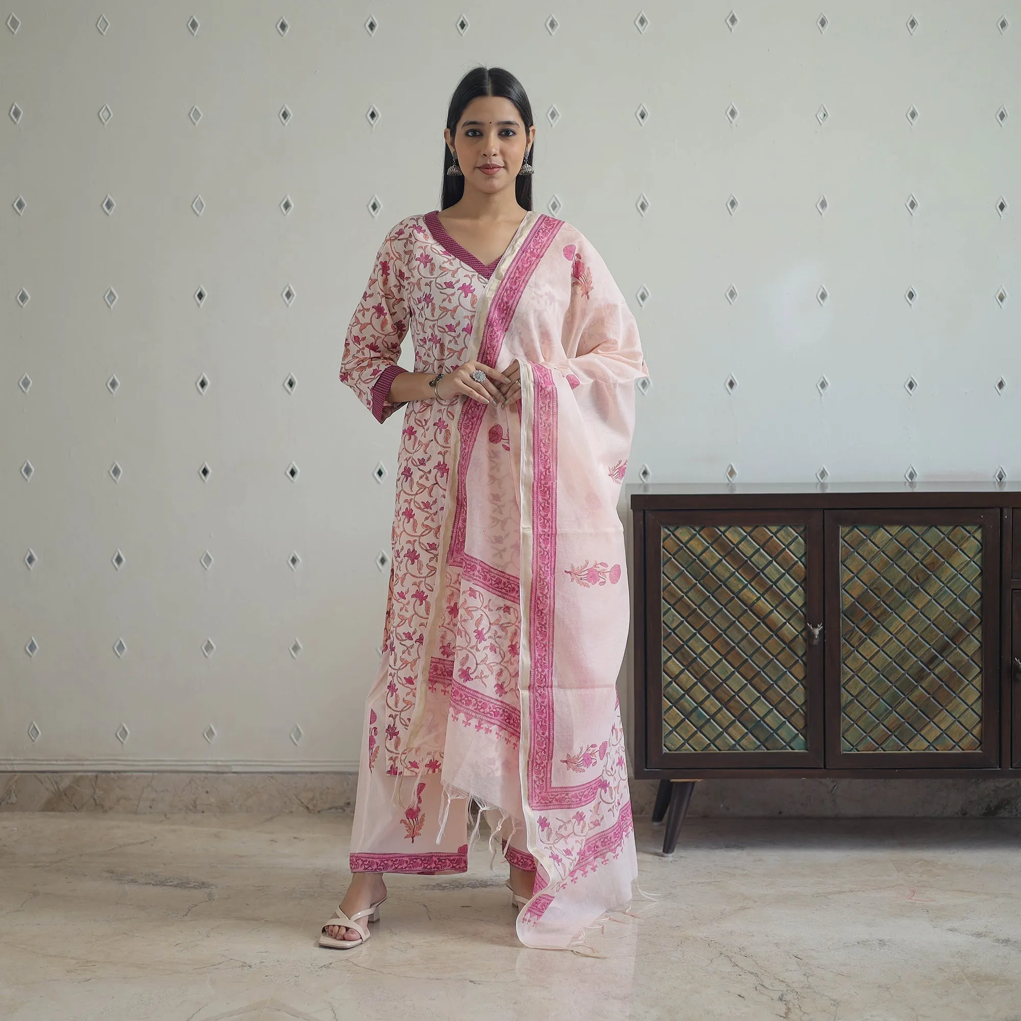 Pink - Hand Block Print Cotton Sanganeri Suit Set with Dupatta for women 19 sold by Itokri product image thumbnail 3