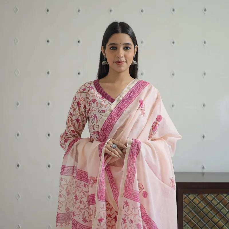 Pink - Hand Block Print Cotton Sanganeri Suit Set with Dupatta for women 19 made by Itokri