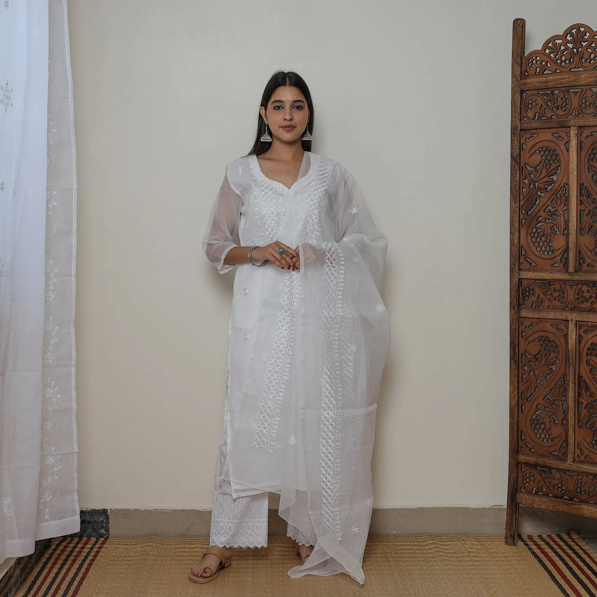 White - Kota Doria Cotton Embroidery Kurta Suit Set 06 sold by Itokri product image thumbnail 2
