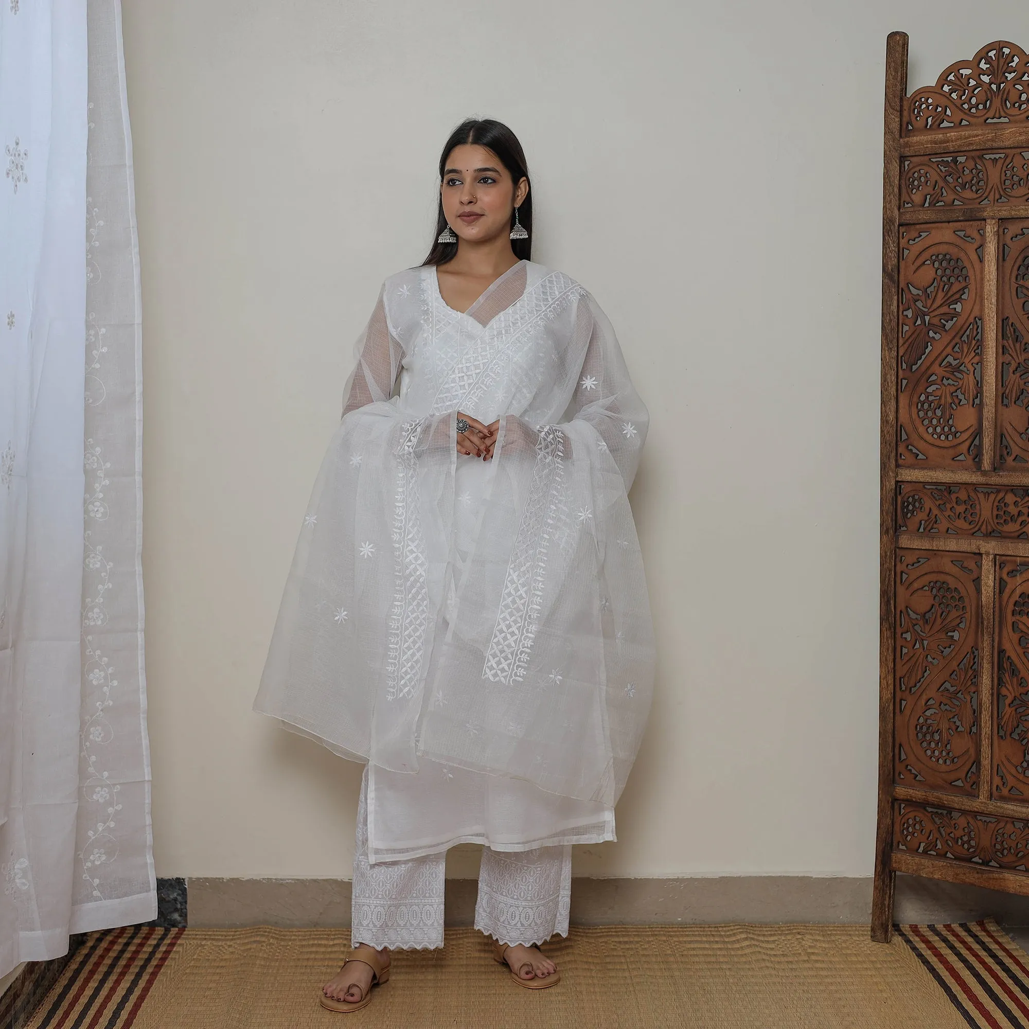 White - Kota Doria Cotton Embroidery Kurta Suit Set 06 sold by Itokri product image thumbnail 3