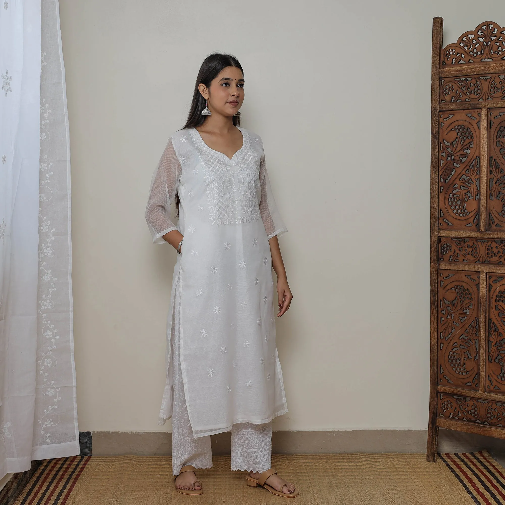White - Kota Doria Cotton Embroidery Kurta Suit Set 06 sold by Itokri product image thumbnail 5