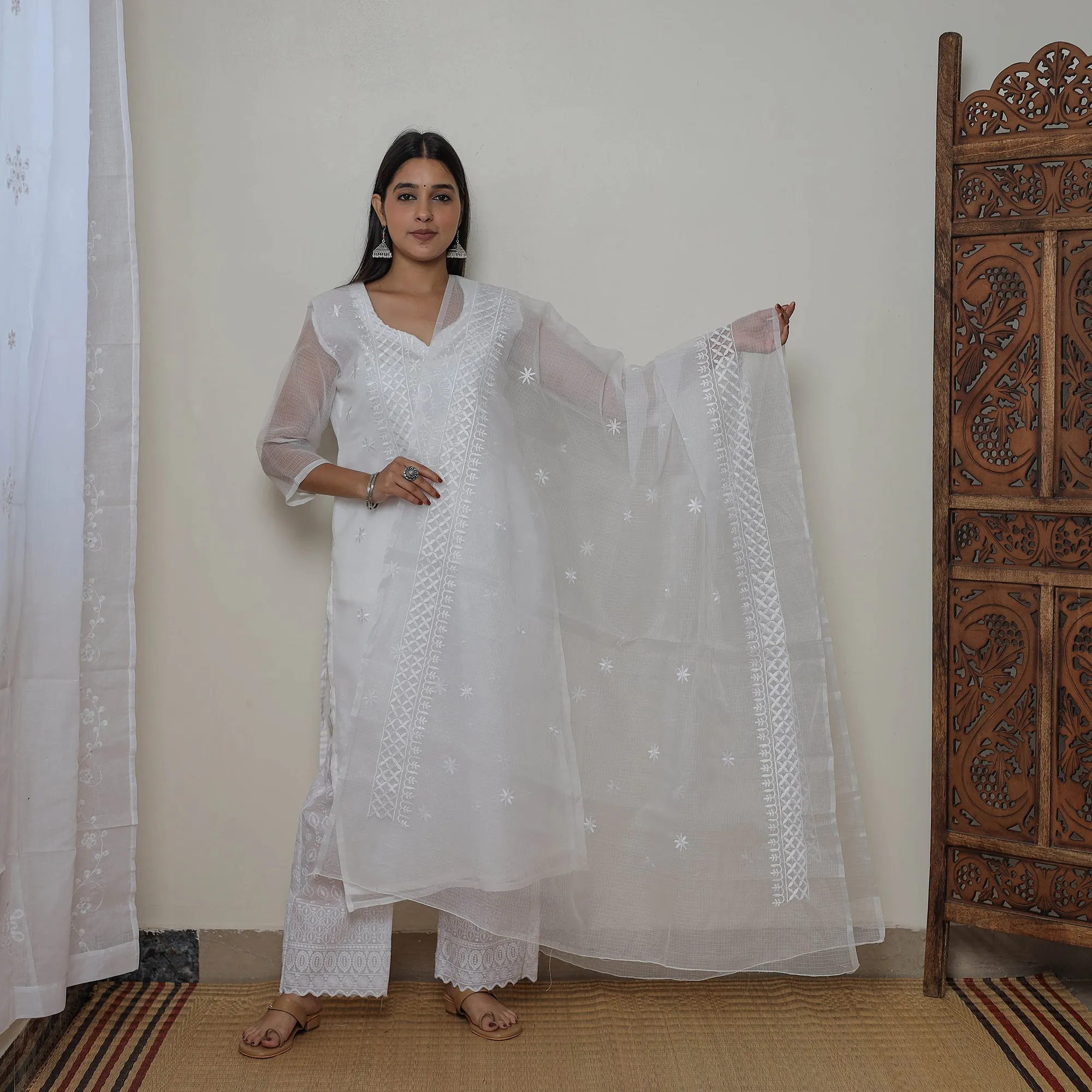 White - Kota Doria Cotton Embroidery Kurta Suit Set 06 sold by Itokri