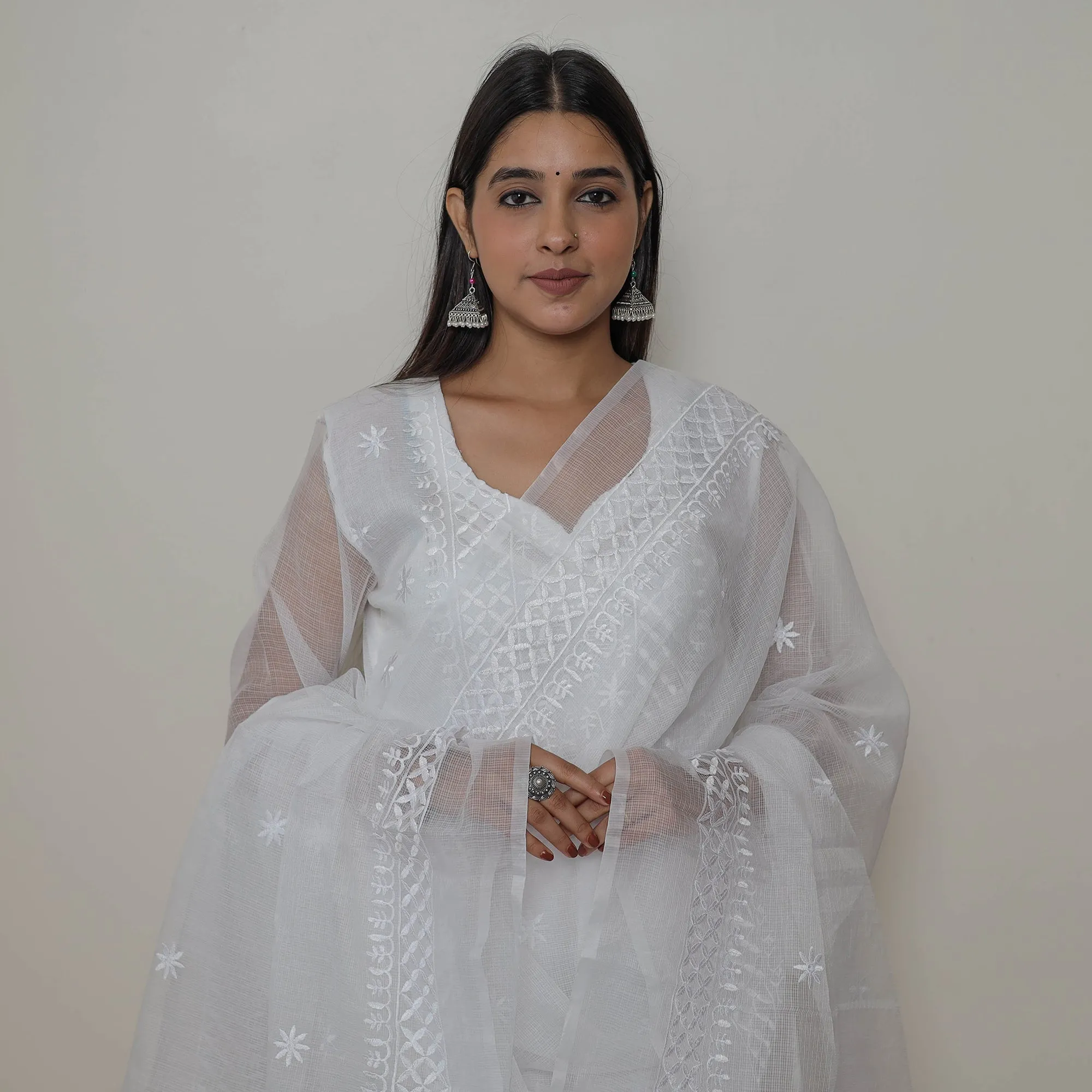 White - Kota Doria Cotton Embroidery Kurta Suit Set 06 sold by Itokri product image thumbnail 4