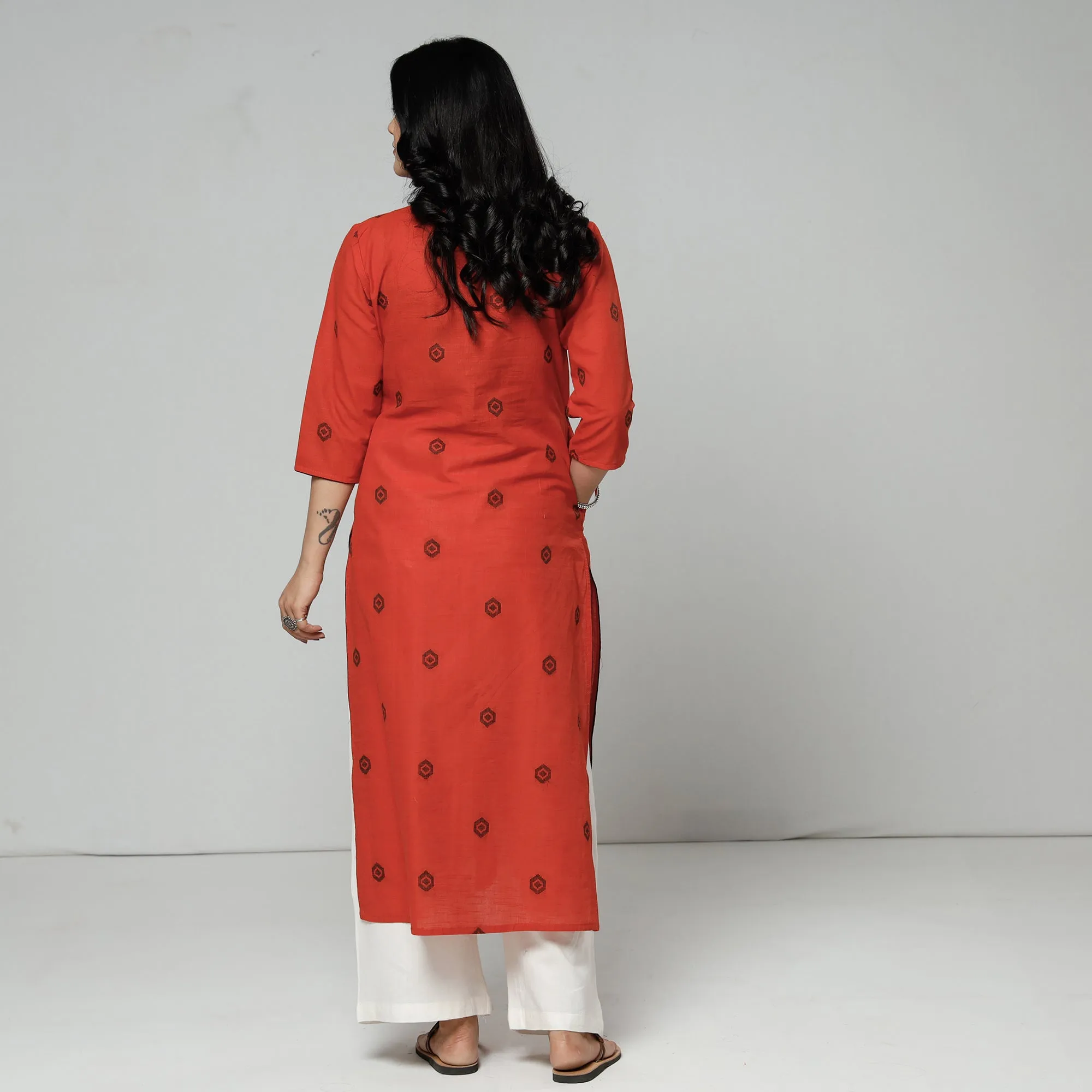 Orange Jacquard Cotton Long Kurta sold by Itokri product image thumbnail 5