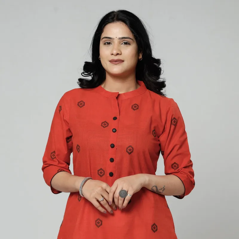 Orange Jacquard Cotton Long Kurta made by Itokri
