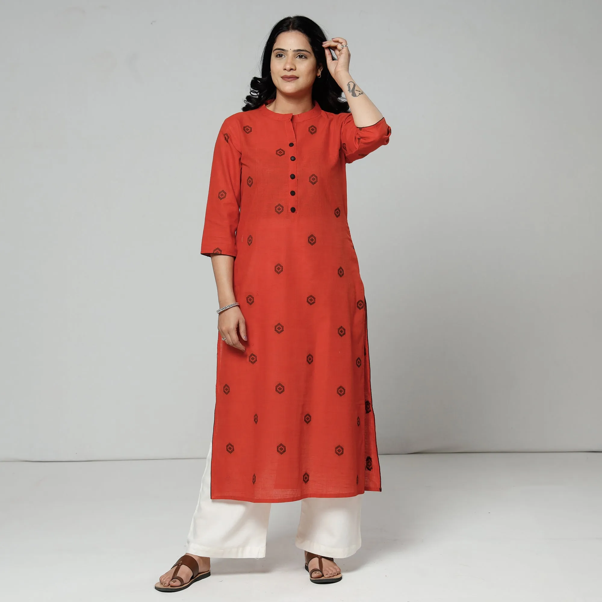 Orange Jacquard Cotton Long Kurta sold by Itokri product image thumbnail 2