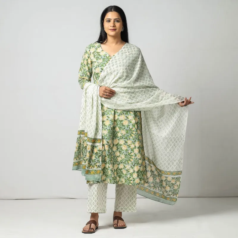 Green - Sanganeri Block Printing Cotton Kurta with Palazzo & Dupatta Set made by Itokri