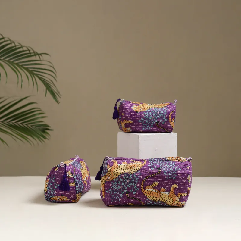 Floral Hand Block Print Quilted Toiletry Bags (Set of 3) 29 made by Itokri