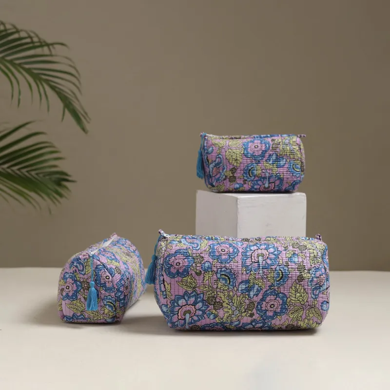 Pink - Floral Hand Block Print Quilted Toiletry Bags (Set of 3) 28 made by Itokri