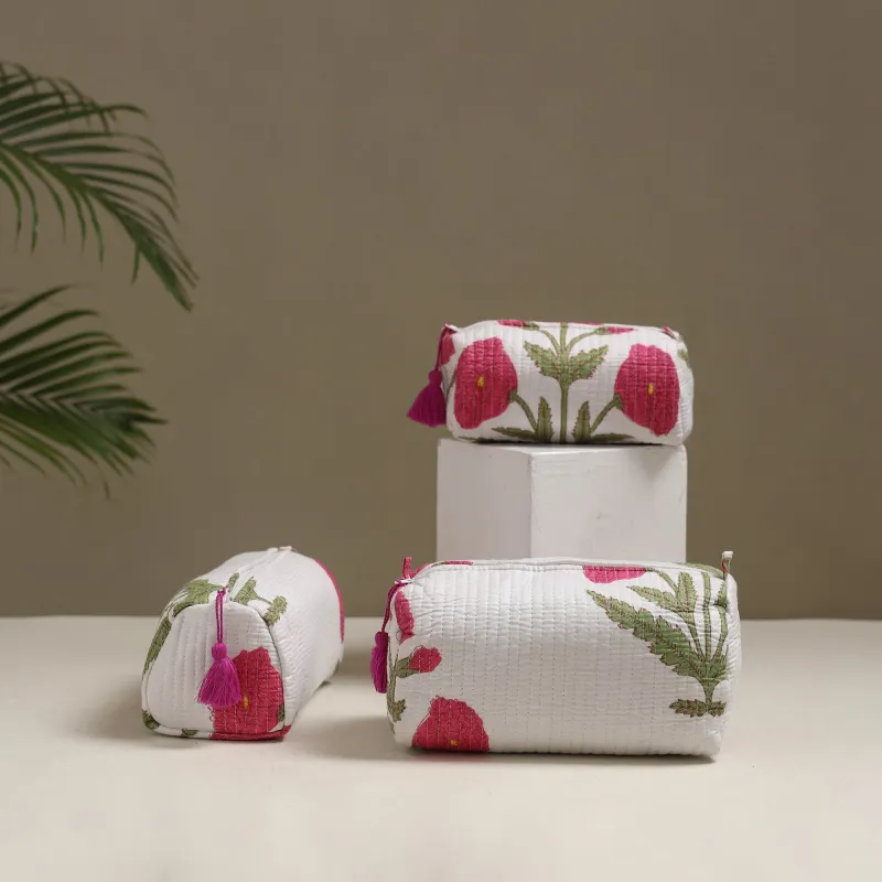 Floral Hand Block Print Quilted Toiletry Bags (Set of 3) 22 made by Itokri
