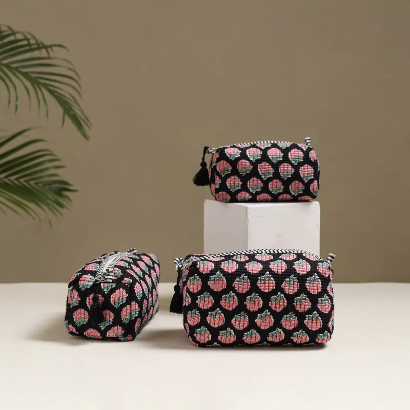 Black - Floral Hand Block Print Quilted Toiletry Bags (Set of 3) 20 made by Itokri
