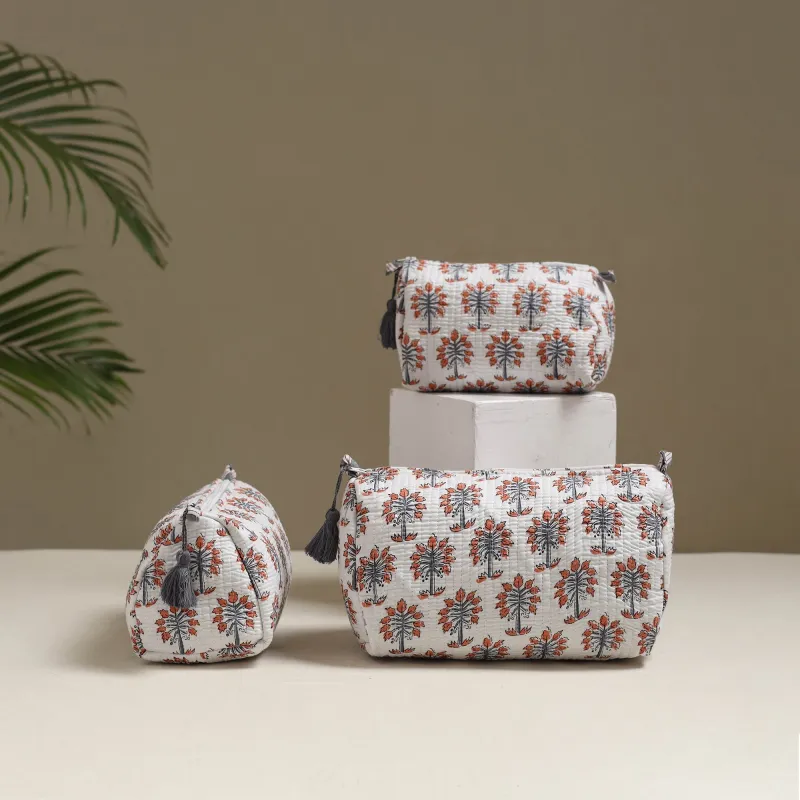 White - Floral Hand Block Print Quilted Toiletry Bags (Set of 3) 14 made by Itokri