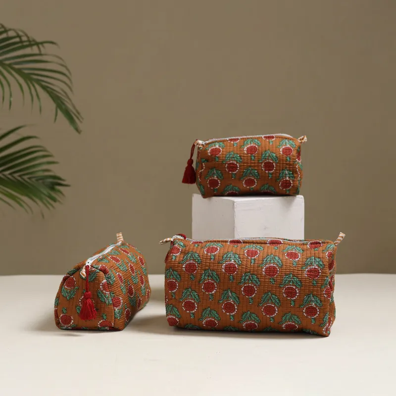 Brown - Floral Hand Block Print Quilted Toiletry Bags (Set of 3) 11 made by Itokri