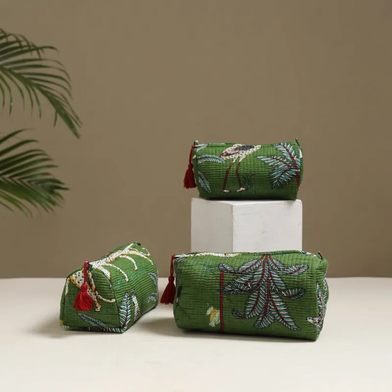 Green - Floral Hand Block Print Quilted Toiletry Bags (Set of 3) 08 made by Itokri