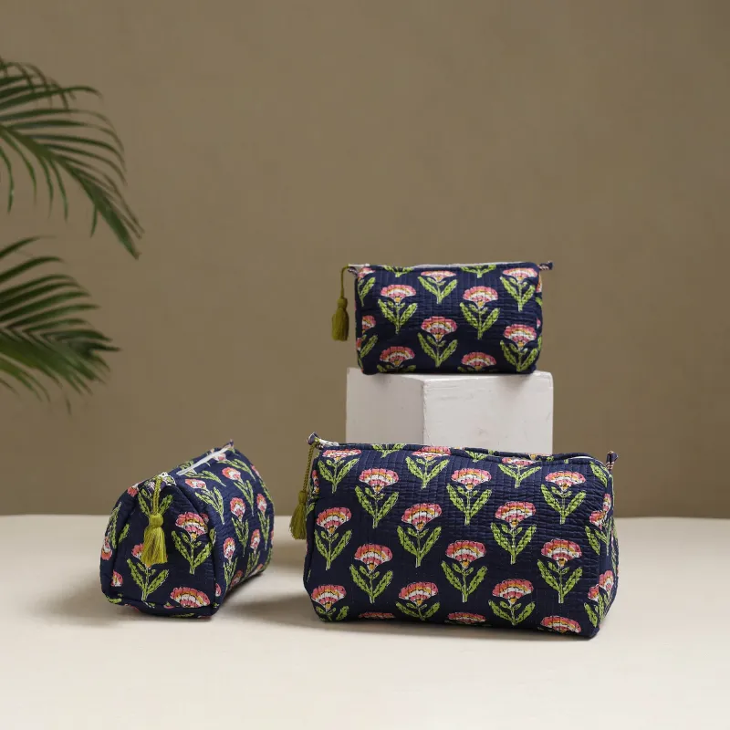 Blue - Floral Hand Block Print Quilted Toiletry Bags (Set of 3) 07 made by Itokri