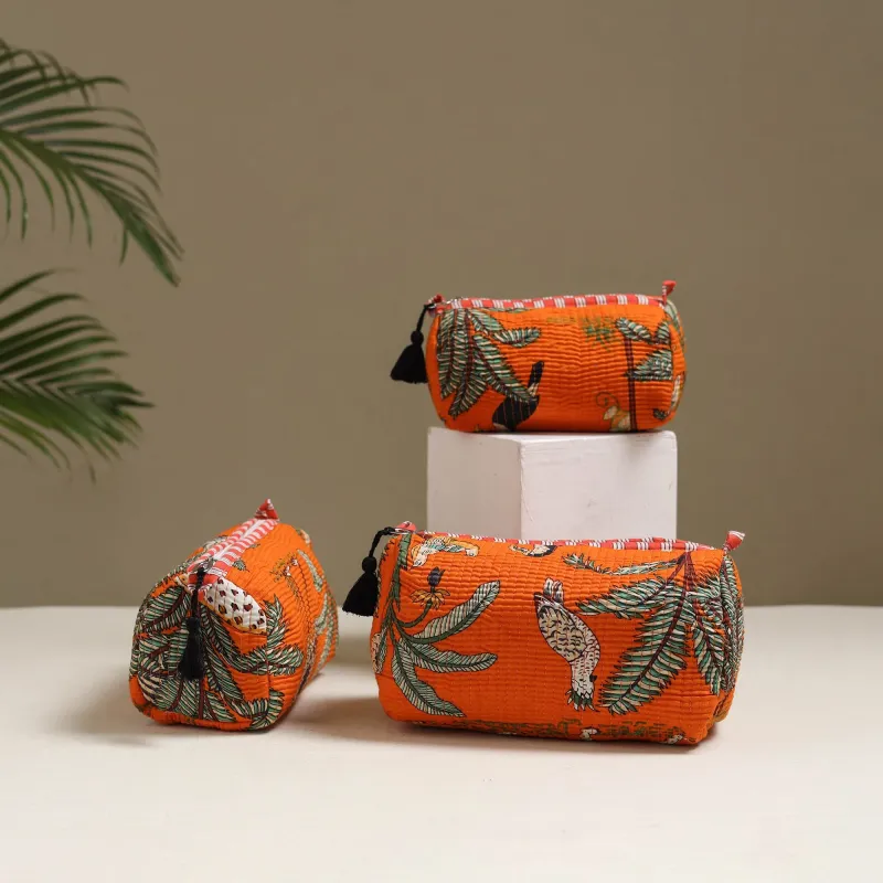 Orange - Floral Hand Block Print Quilted Toiletry Bags (Set of 3) 05 made by Itokri
