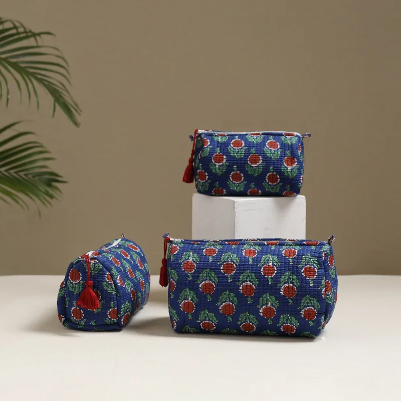 Blue - Floral Hand Block Print Quilted Toiletry Bags (Set of 3) 04 made by Itokri
