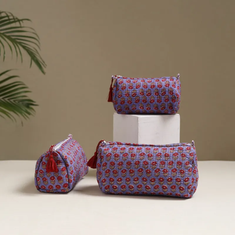 Purple - Floral Hand Block Print Quilted Toiletry Bags (Set of 3) 02 made by Itokri