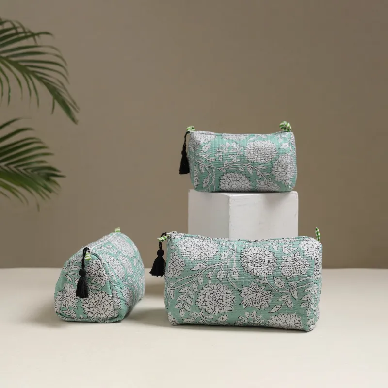 Green - Floral Hand Block Print Quilted Toiletry Bags (Set of 3) 01 made by Itokri