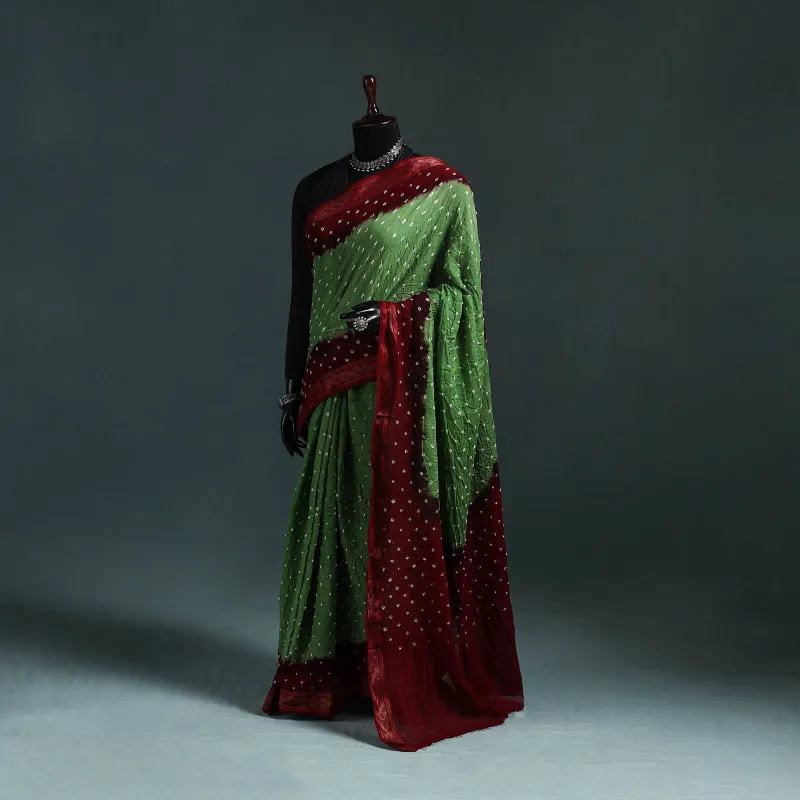 Green - Kutch Bandhani Tie-Dye Cotton Saree with Blouse Piece 07 made by Itokri