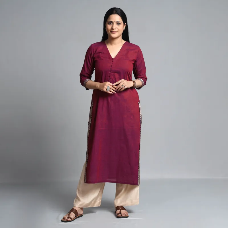 Purple - Dark Pink - Dharwad Cotton Straight Kurta made by Itokri