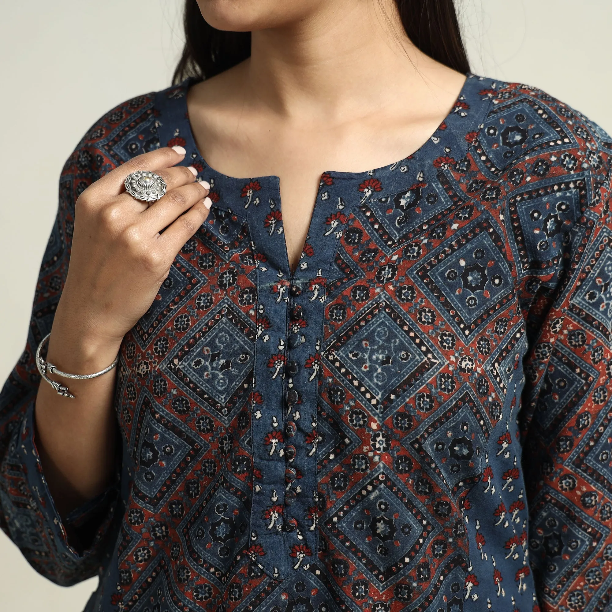 Blue - Ajrakh Block Printed Cotton Straight Kurta with Patch sold by Itokri product image thumbnail 4