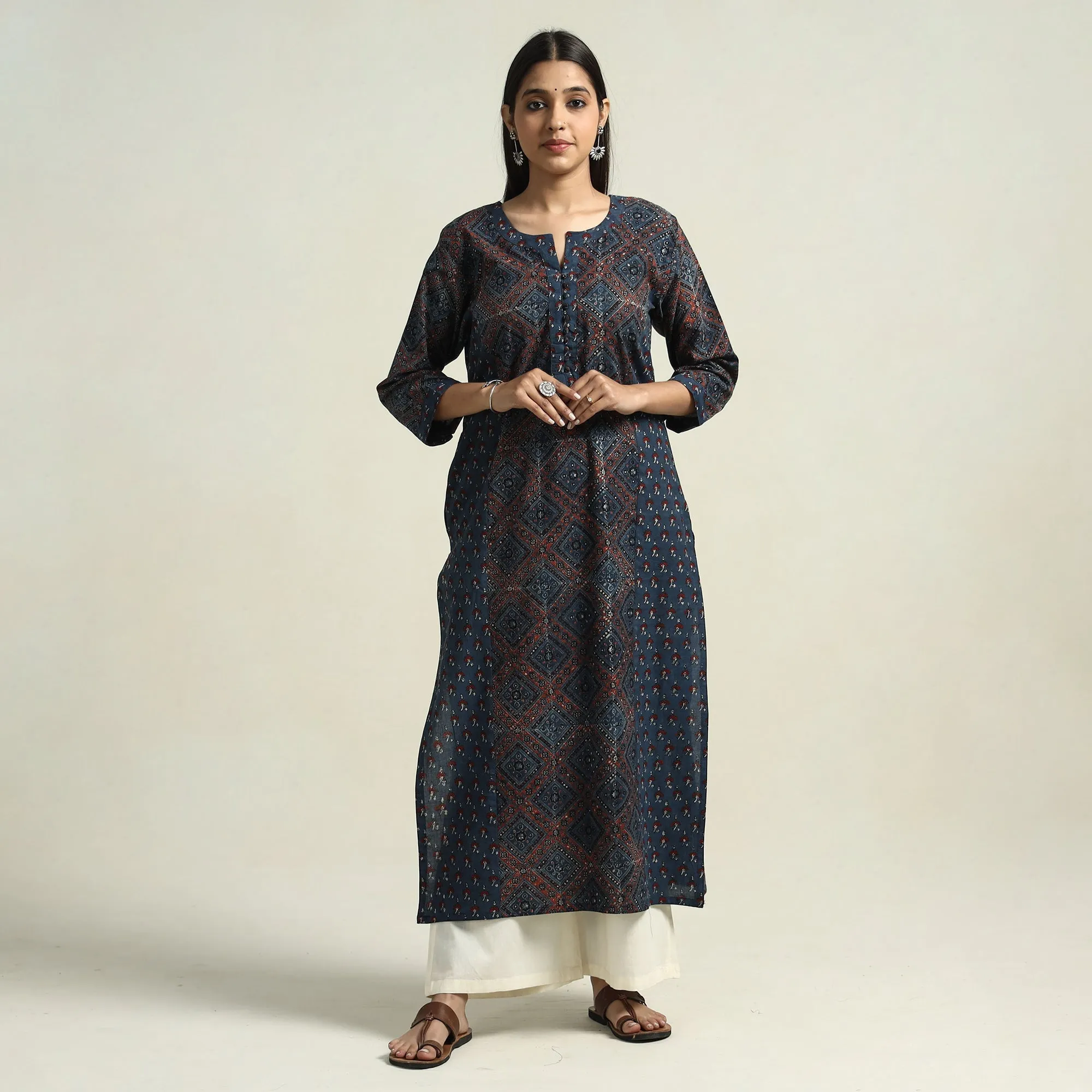 Blue - Ajrakh Block Printed Cotton Straight Kurta with Patch sold by Itokri product image thumbnail 2