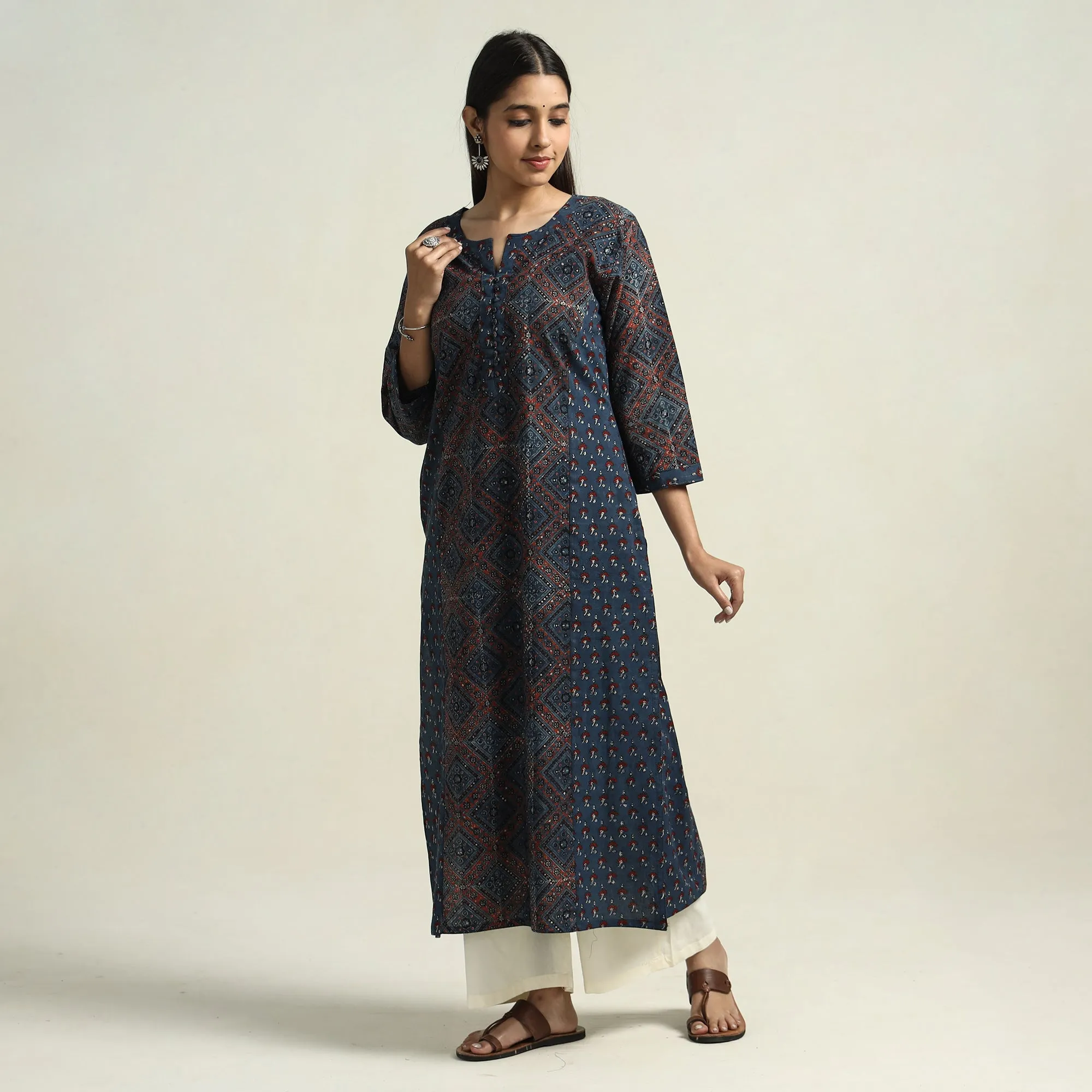 Blue - Ajrakh Block Printed Cotton Straight Kurta with Patch sold by Itokri product image thumbnail 3