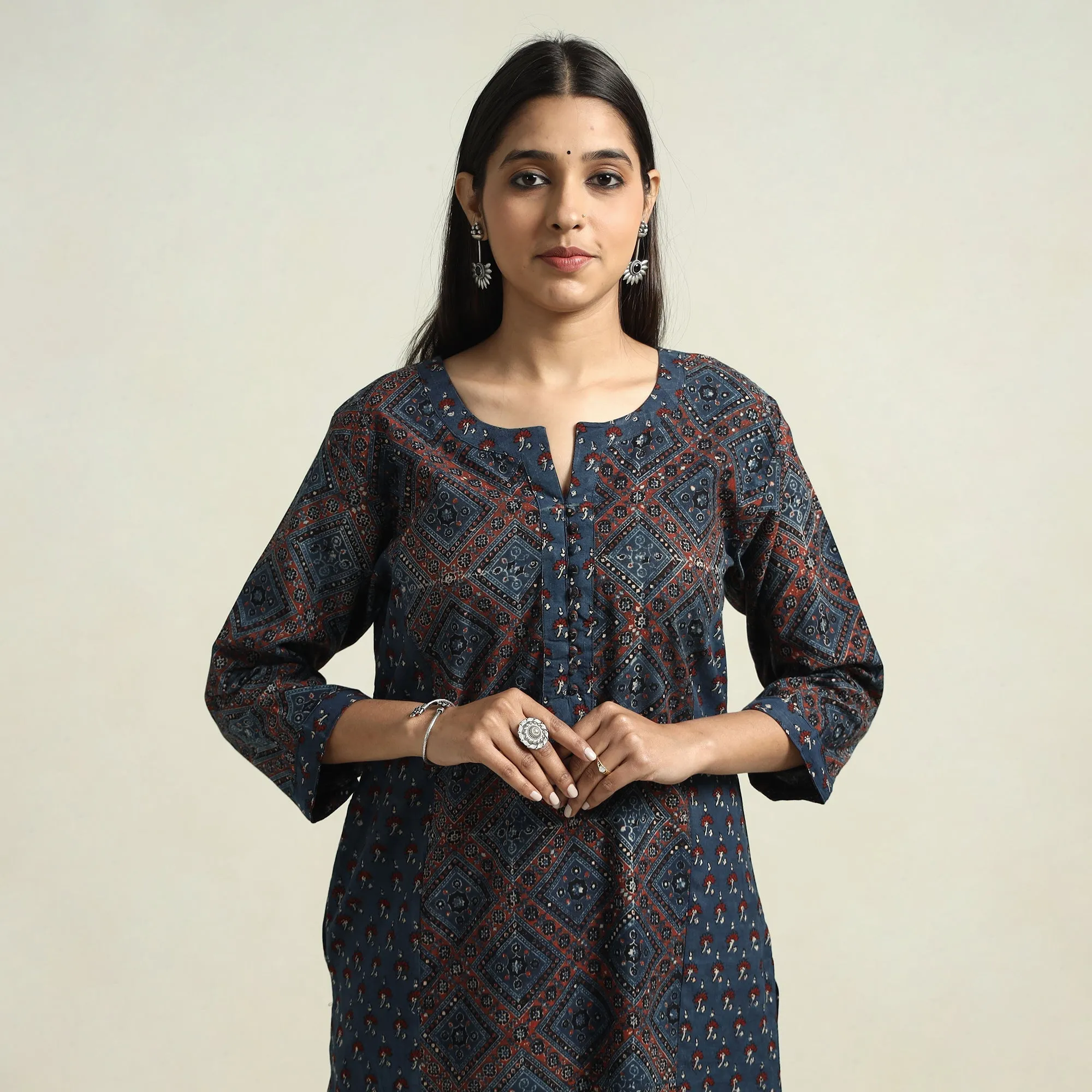 Blue - Ajrakh Block Printed Cotton Straight Kurta with Patch sold by Itokri